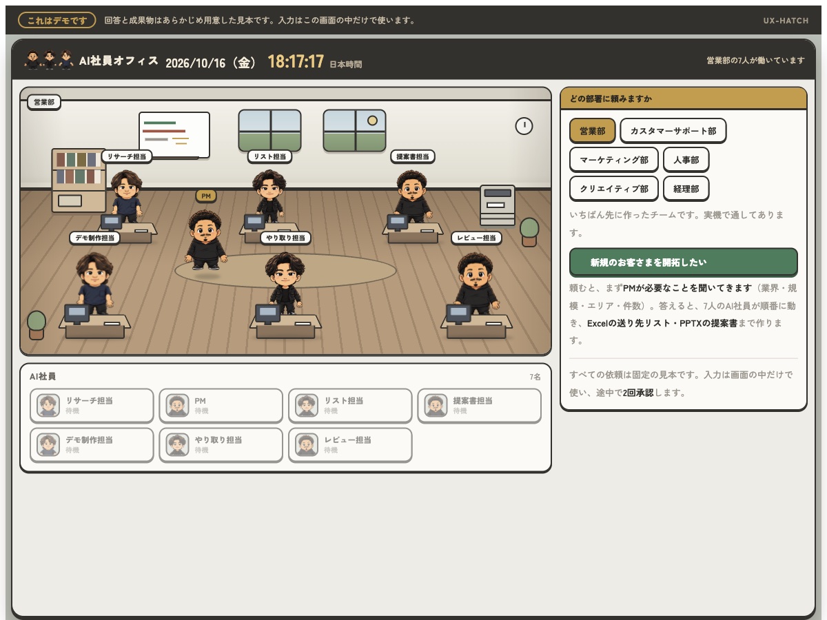Works掲載のAI社員オフィス公開デモの実画面
